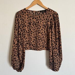 Sugarlips Tan and Black Leopard Print Puff Sleeves Cropped Blouse